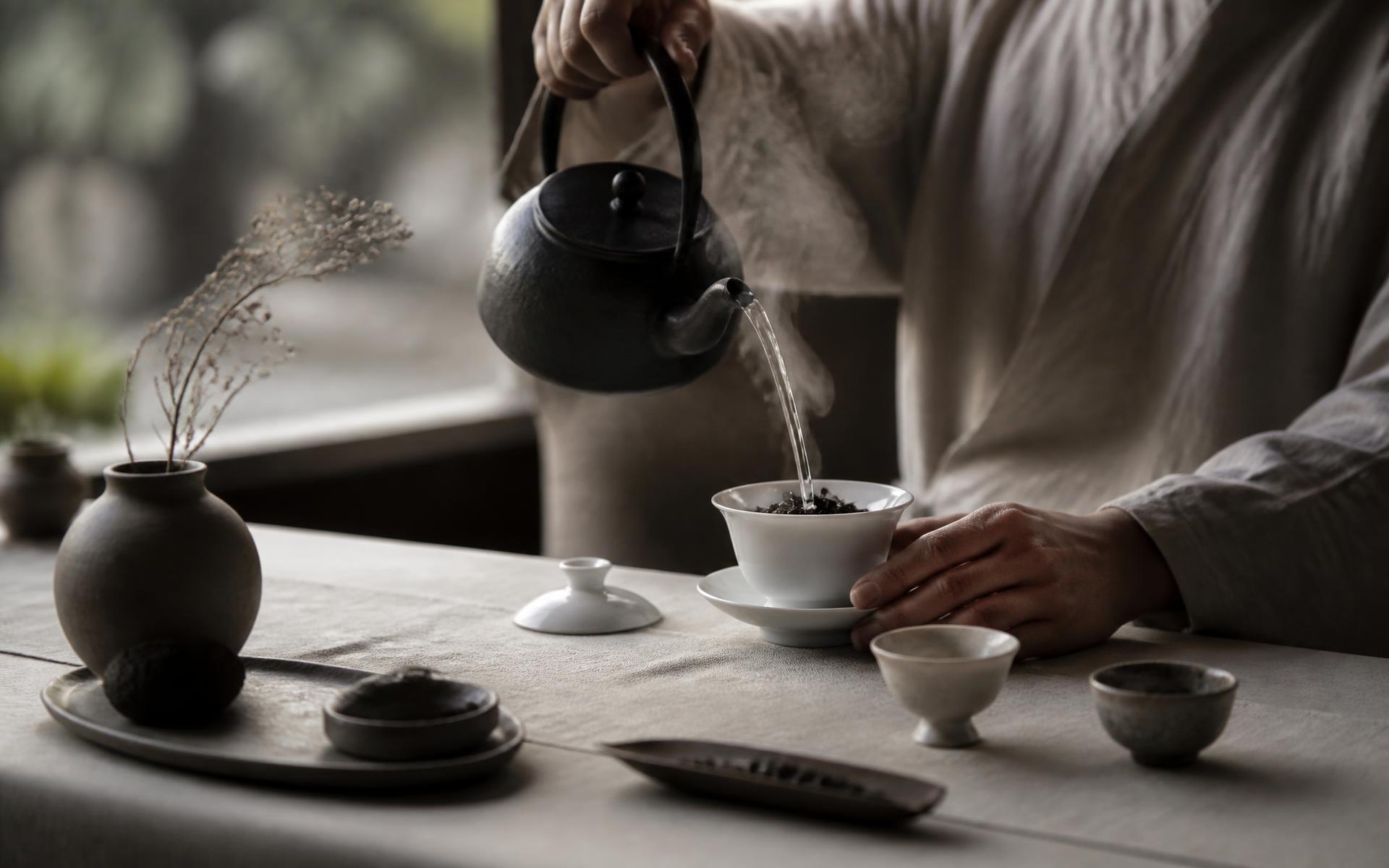 Hands pouring hot water into a porcelain gaiwan in soft daylight